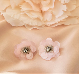 CLIP ON Pink Sequin Flower Stud Earrings