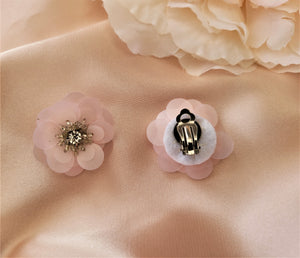 CLIP ON Pink Sequin Flower Stud Earrings