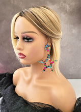 Load image into Gallery viewer, Big Diamante Star Hoop Drop Earrings clip on or pierced