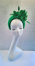 Load image into Gallery viewer, Green Satin Fascinator, Flower Headpiece, Halo Headband, Tall Padded Hair band, leather orchids,
