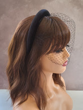 Load image into Gallery viewer, Copy of Black Velvet Veil Net Fascinator Headband Padded, with Blusher Veil, Halo Races Headpiece, 2.5 cms wide,