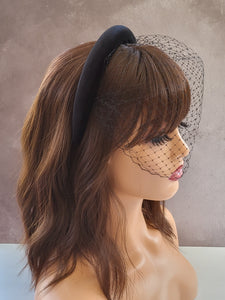 Copy of Black Velvet Veil Net Fascinator Headband Padded, with Blusher Veil, Halo Races Headpiece, 2.5 cms wide,