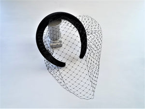 Copy of Black Velvet Veil Net Fascinator Headband Padded, with Blusher Veil, Halo Races Headpiece, 2.5 cms wide,