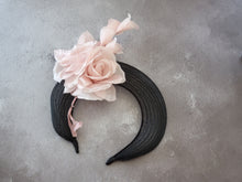 Load image into Gallery viewer, Black Fascinator Headband, Blush Pink Silk Rose Flower, Halo Crown Headpiece, Ascot