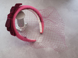 Pink Leather Veiled Headband Padded , With Plum Velvet Bow Fascinator, Birdcage Veil, Bridal Headpiece, 4 cms wide,
