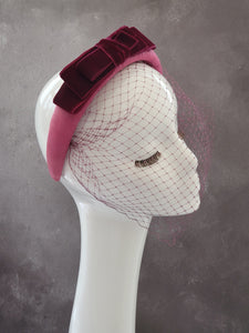 Pink Leather Bow Headband Padded , With Wine Velvet Bow Fascinator