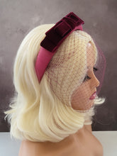 Load image into Gallery viewer, Pink Leather Veiled Headband Padded , With Plum Velvet Bow Fascinator, Birdcage Veil, Bridal Headpiece, 4 cms wide,
