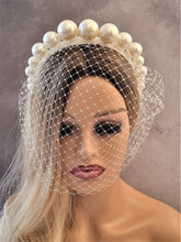 Load image into Gallery viewer, Big Pearl Headband with Ivory Blusher Veil, on a SILK satin Fascinator, Bridal Wedding Headpiece, With Graduated Faux Pearls