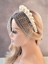 Load image into Gallery viewer, Big Pearl Headband with Ivory Blusher Veil, on a SILK satin Fascinator, Bridal Wedding Headpiece, With Graduated Faux Pearls