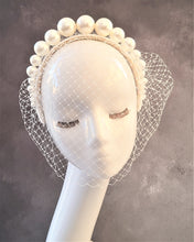 Load image into Gallery viewer, Big Pearl Headband with Ivory Blusher Veil, on a SILK satin Fascinator, Bridal Wedding Headpiece, With Graduated Faux Pearls