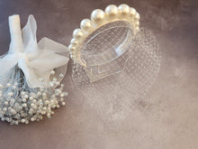 Load image into Gallery viewer, Big Pearl Headband with Ivory Blusher Veil, on a SILK satin Fascinator, Bridal Wedding Headpiece, With Graduated Faux Pearls