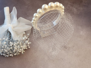 Big Pearl Headband with Ivory Blusher Veil, on a SILK satin Fascinator, Bridal Wedding Headpiece, With Graduated Faux Pearls