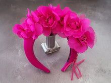 Load image into Gallery viewer, Pink Chiffon Flower Head Piece Fascinator on Satin high padded headband 4 cms Wide