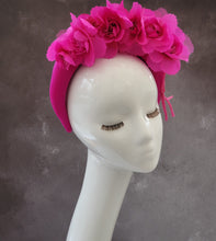 Load image into Gallery viewer, Pink Chiffon Flower Head Piece Fascinator on Satin high padded headband 4 cms Wide