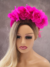 Load image into Gallery viewer, Pink Chiffon Flower Head Piece Fascinator on Satin high padded headband 4 cms Wide