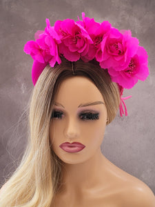 Pink Chiffon Flower Head Piece Fascinator on Satin high padded headband 4 cms Wide