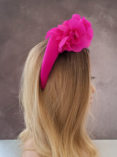 Load image into Gallery viewer, Pink Chiffon Flower Head Piece Fascinator on Satin high padded headband 4 cms Wide