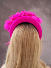 Load image into Gallery viewer, Pink Chiffon Flower Head Piece Fascinator on Satin high padded headband 4 cms Wide