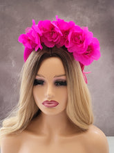 Load image into Gallery viewer, Pink Chiffon Flower Head Piece Fascinator on Satin high padded headband 4 cms Wide