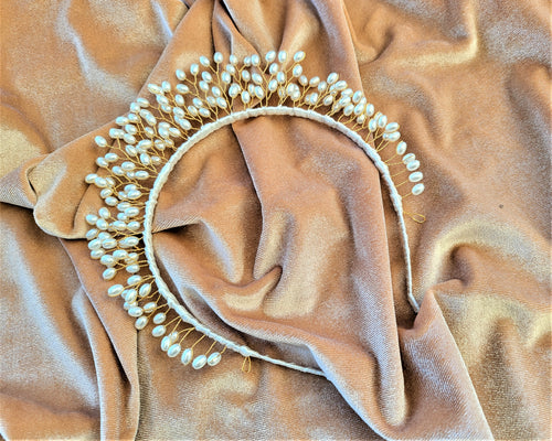 Goddess Pearl Bead Tiara, Gold wire Grecian Style Headpiece, Bridal