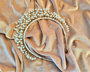 Goddess Pearl Bead Tiara, Gold wire Grecian Style Headpiece, Bridal