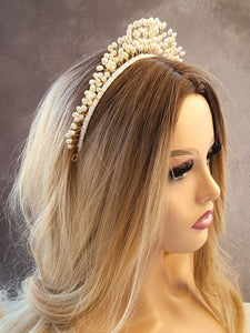 Goddess Pearl Bead Tiara, Gold wire Grecian Style Headpiece, Bridal