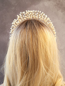 Goddess Pearl Bead Tiara, Gold wire Grecian Style Headpiece, Bridal