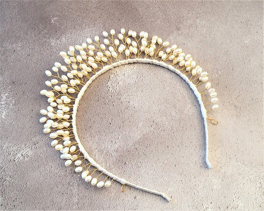 Goddess Pearl Bead Tiara, Gold wire Grecian Style Headpiece, Bridal