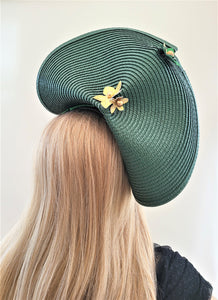 Dark Green Percher Hat, Gold Leather Flower Fascinator,
