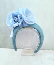 Load image into Gallery viewer, Blue Flower Fascinator Headband, on Sinamay Halo, Lightweight