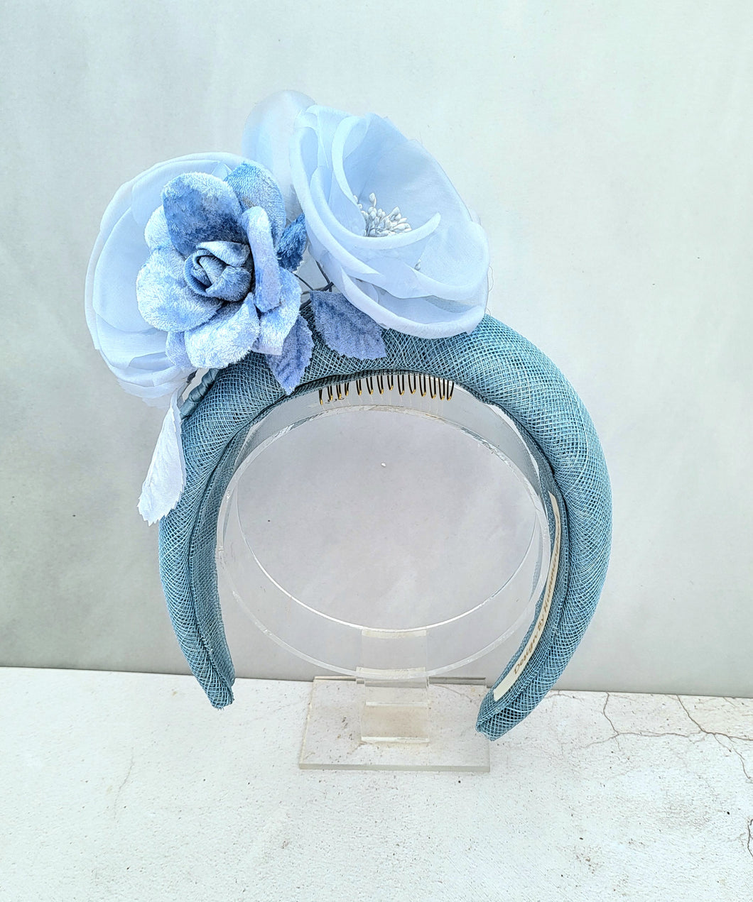 Blue Flower Fascinator Headband, on Sinamay Halo, Lightweight