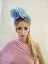 Load image into Gallery viewer, Blue Flower Fascinator Headband, on Sinamay Halo, Lightweight
