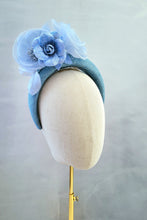 Load image into Gallery viewer, Blue Flower Fascinator Headband, on Sinamay Halo, Lightweight