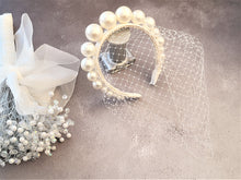 Load image into Gallery viewer, Big Pearl Headband with Ivory Blusher Veil, on a SILK satin Fascinator, Bridal Wedding Headpiece, With Graduated Faux Pearls