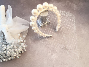 Big Pearl Headband with Ivory Blusher Veil, on a SILK satin Fascinator, Bridal Wedding Headpiece, With Graduated Faux Pearls