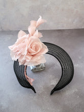 Load image into Gallery viewer, Black Fascinator Headband, Blush Pink Silk Rose Flower, Halo Crown Headpiece, Ascot
