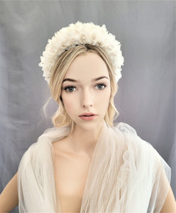 Ivory Flower Silk Headband Padded,With Pearls and Diamante Flower Crown,  Duchess Satin, 6 cms wide , Bridal Headpiece