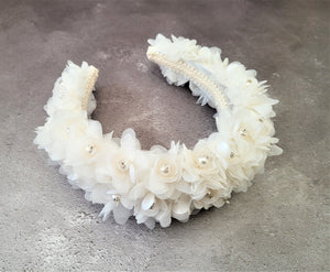 Ivory Flower Silk Headband Padded,With Pearls and Diamante Flower Crown,  Duchess Satin, 6 cms wide , Bridal Headpiece