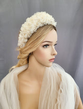 Load image into Gallery viewer, Ivory Flower Silk Headband Padded,With Pearls and Diamante Flower Crown,  Duchess Satin, 6 cms wide , Bridal Headpiece