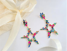 Load image into Gallery viewer, Big Diamante Star Hoop Drop Earrings clip on or pierced