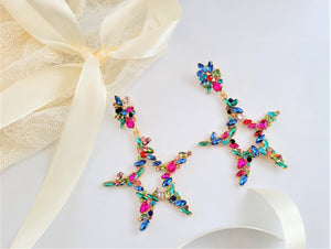 Big Diamante Star Hoop Drop Earrings clip on or pierced