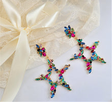 Load image into Gallery viewer, Big Diamante Star Hoop Drop Earrings clip on or pierced