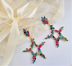 Big Diamante Star Hoop Drop Earrings clip on or pierced