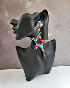Big Diamante Star Hoop Drop Earrings clip on or pierced