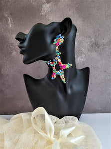 Big Diamante Star Hoop Drop Earrings clip on or pierced