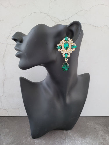 Green Crystal Teardrop Earrings Clip on