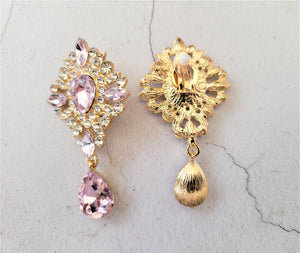 Pink Crystal Teardrop Earrings Clip on
