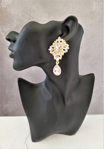 Pink Crystal Teardrop Earrings Clip on