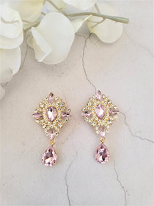 Pink Crystal Teardrop Earrings Clip on