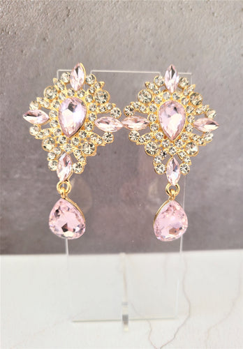 Pink Crystal Teardrop Earrings Clip on